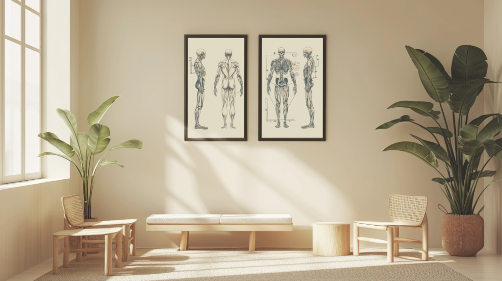 Waiting area with anatomical skeleton model for mobile massage consultations and wellness education at Simo Massage in Miami, FL.
