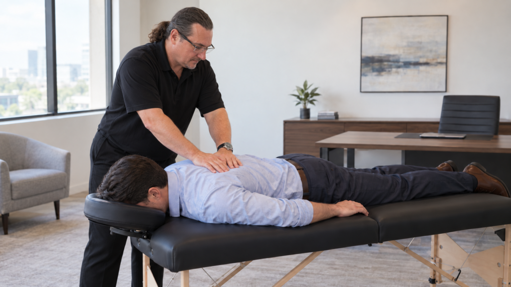 Licensed massage therapist performing an on-site corporate massage in a professional office to reduce stress and improve employee wellness.